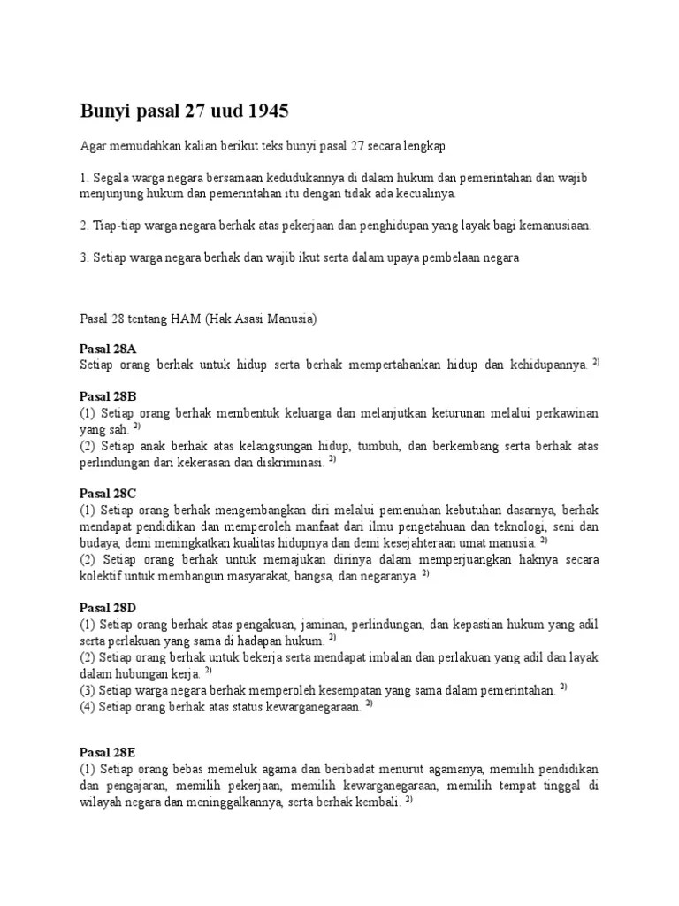 Bunyi Pasal 27 Uud 1945 | PDF