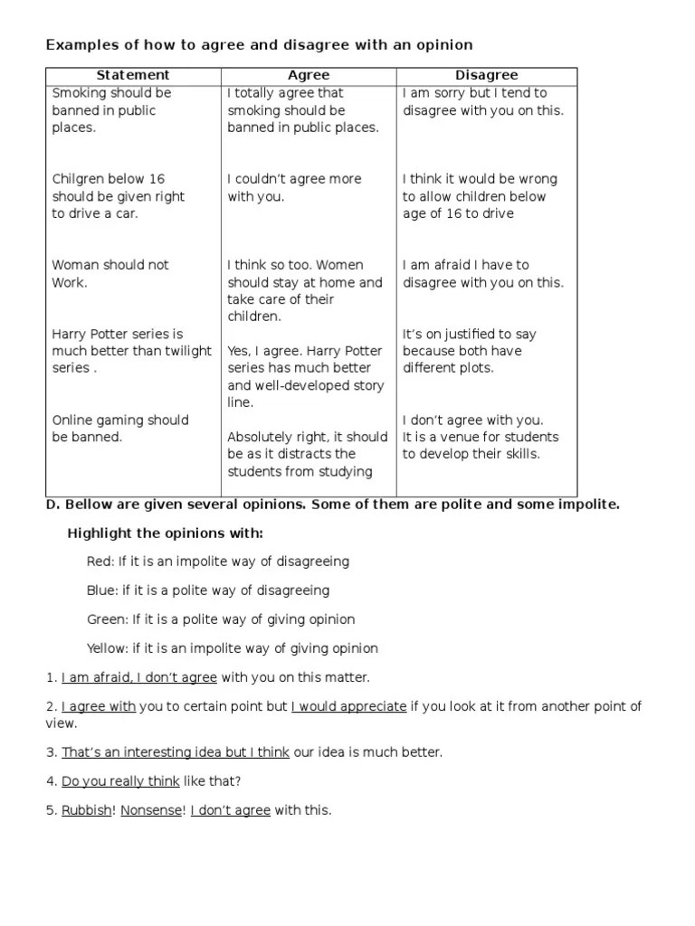 Examples of How To Agree and Disagree With An Opinion | PDF | Psychological  Concepts