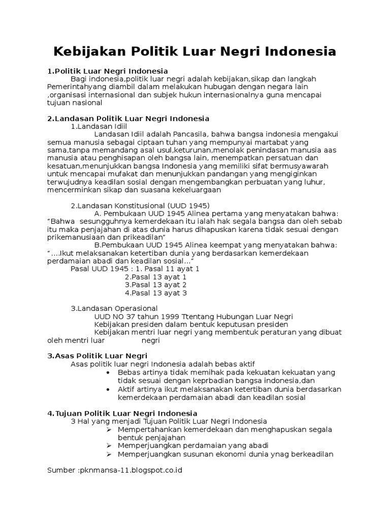 Tujuan Politik Luar Negeri Indonesia Yang Bebas Aktif