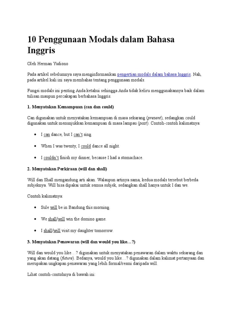 10 Penggunaan Modals Dalam Bahasa Inggris | PDF