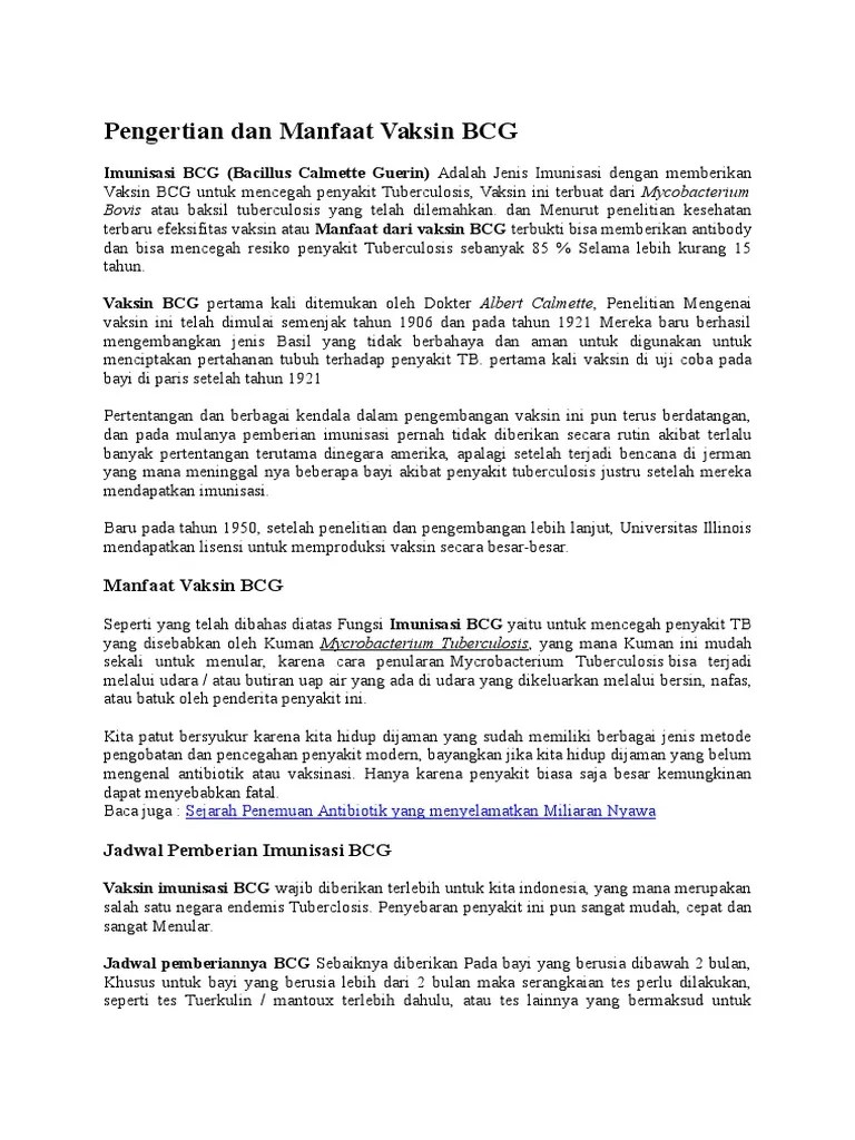 Pengertian Dan Manfaat Vaksin BCG