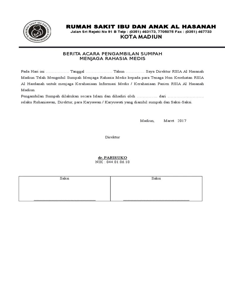 Berita Acara Pengambilan Sumpah Menjaga Rahasia Medis | PDF