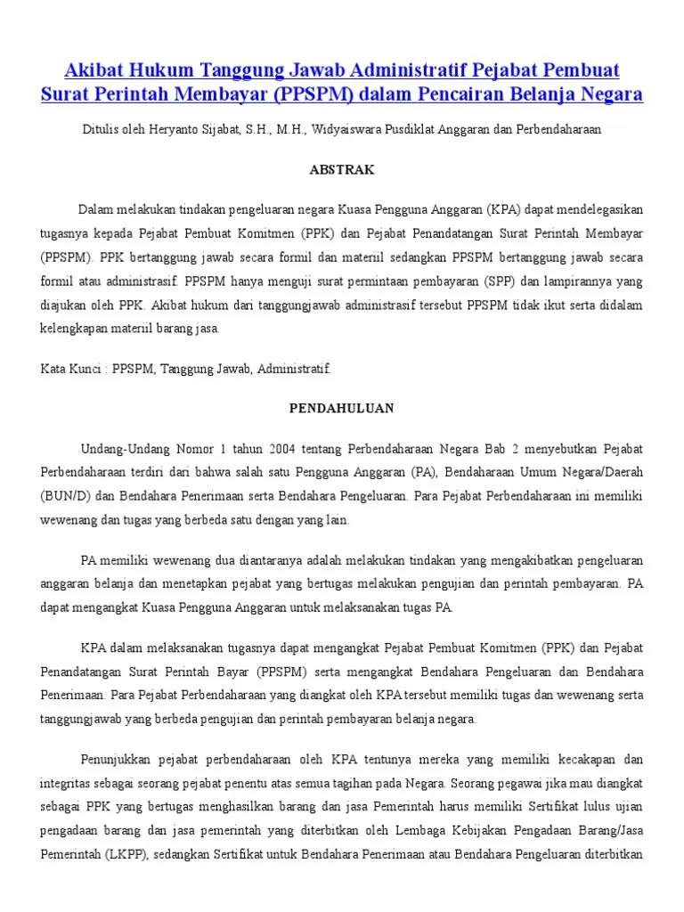 Akibat Hukum Tanggung Jawab Administratif Pejabat Pembuat Surat Perintah  Membayar | PDF