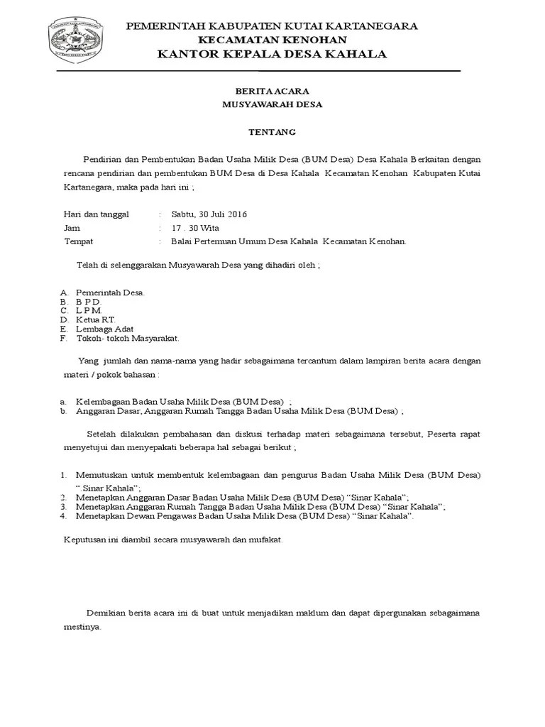 Berita Acara Musyawarah Pembentukan BUMDes | PDF