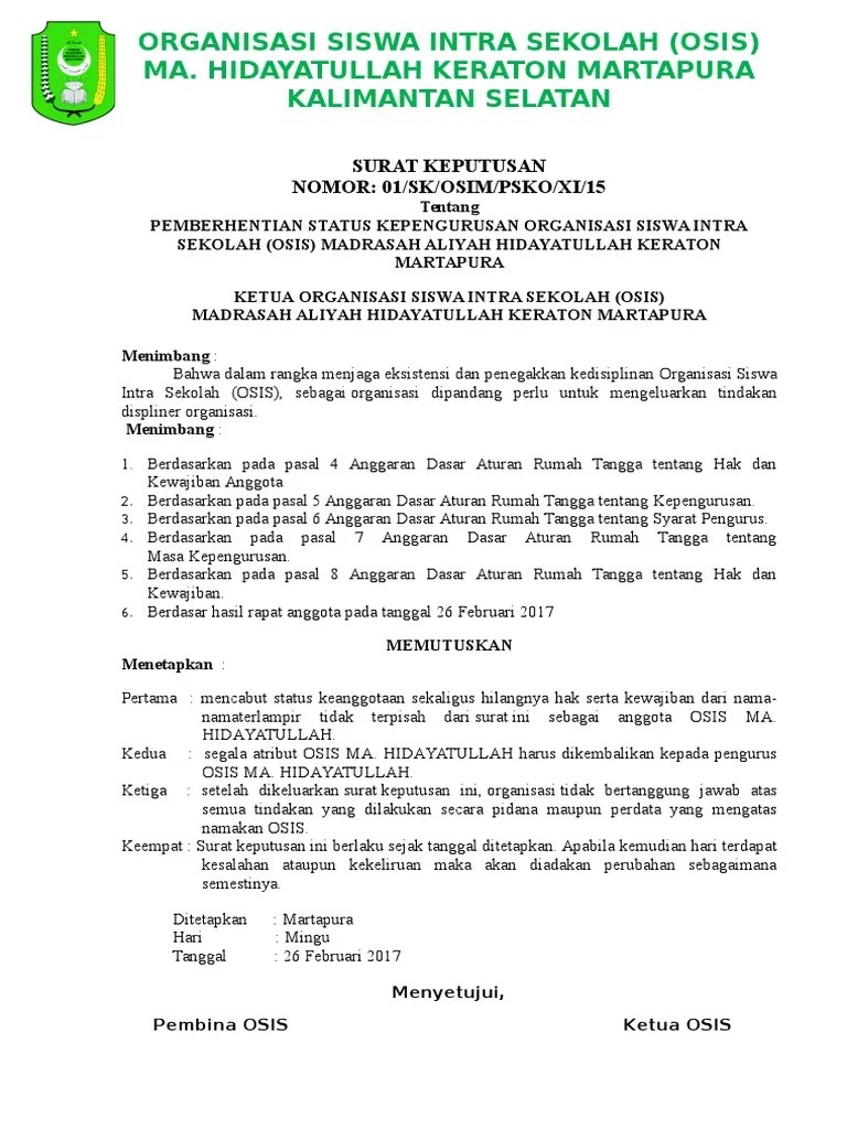 Surat Pemberhentian Osis | PDF