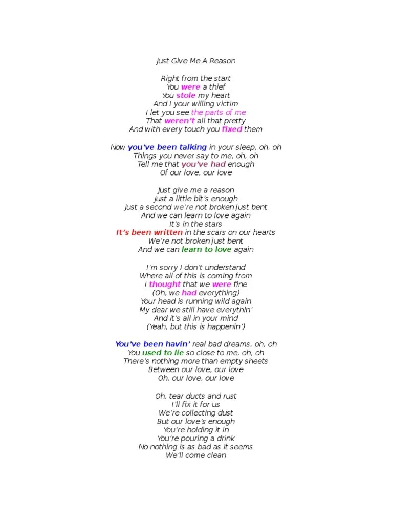 Arti Dari Lagu Just Give Me A Reason – Dengan