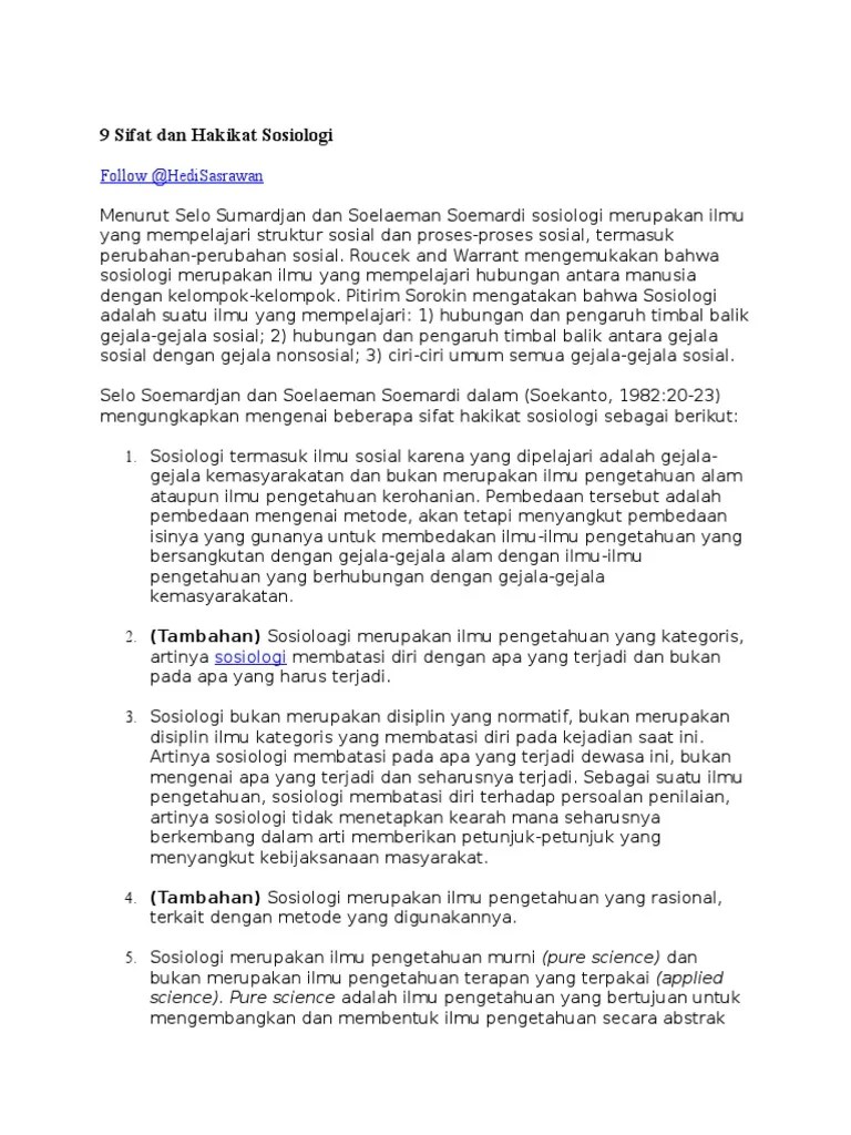 9 Sifat Dan Hakikat Sosiologi | PDF