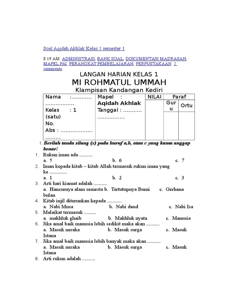 Soal Uts Akidah Akhlak Kls 8 Semester 1