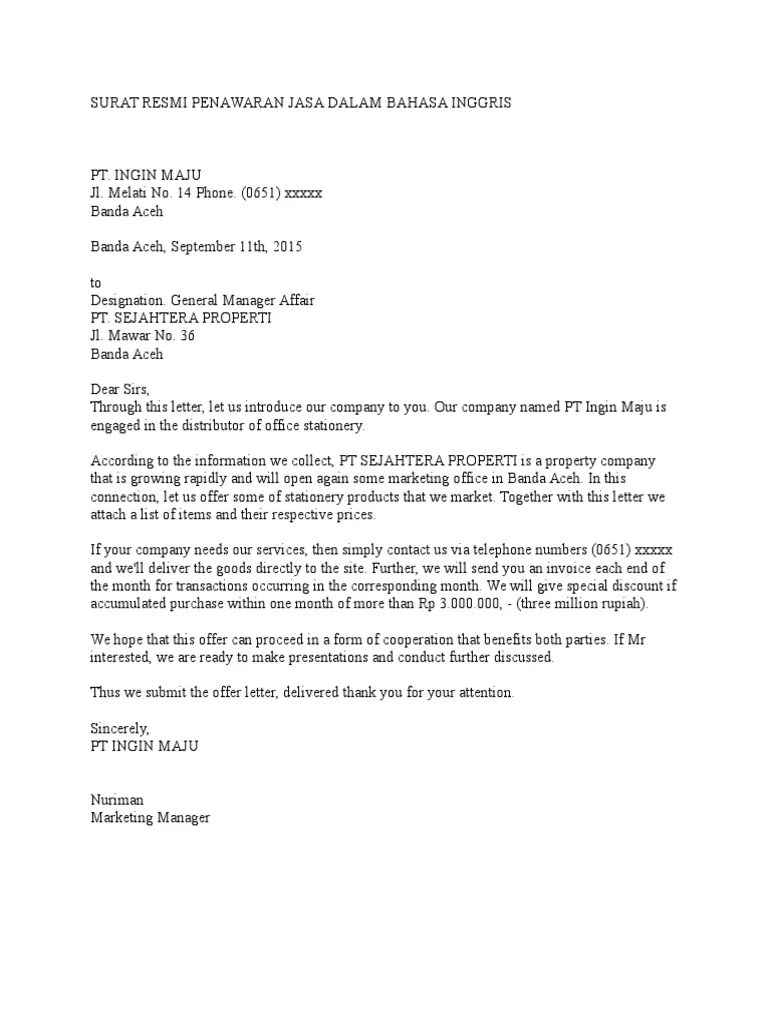 Surat Penawaran Jasa Dalam Bahasa Inggris - Kumpulan Surat Penting