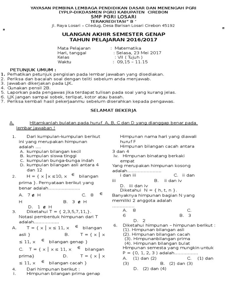 Contoh Latihan Soal: Soal Dan Jawaban Matematika Kelas Vii