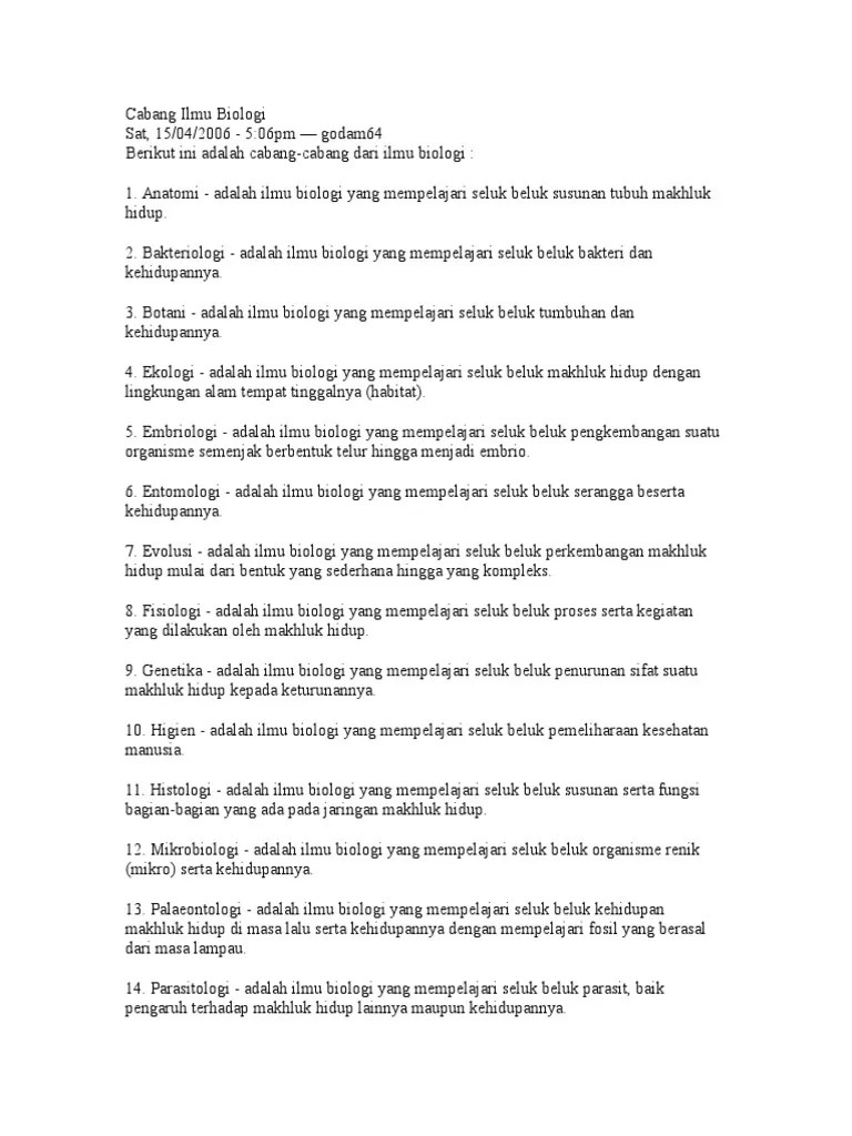 Cabang Ilmu Biologi | PDF