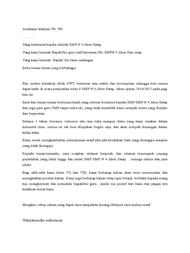 Contoh Pidato Perpisahan Kelas 9 Perwakilan Kelas 8 – Goresan