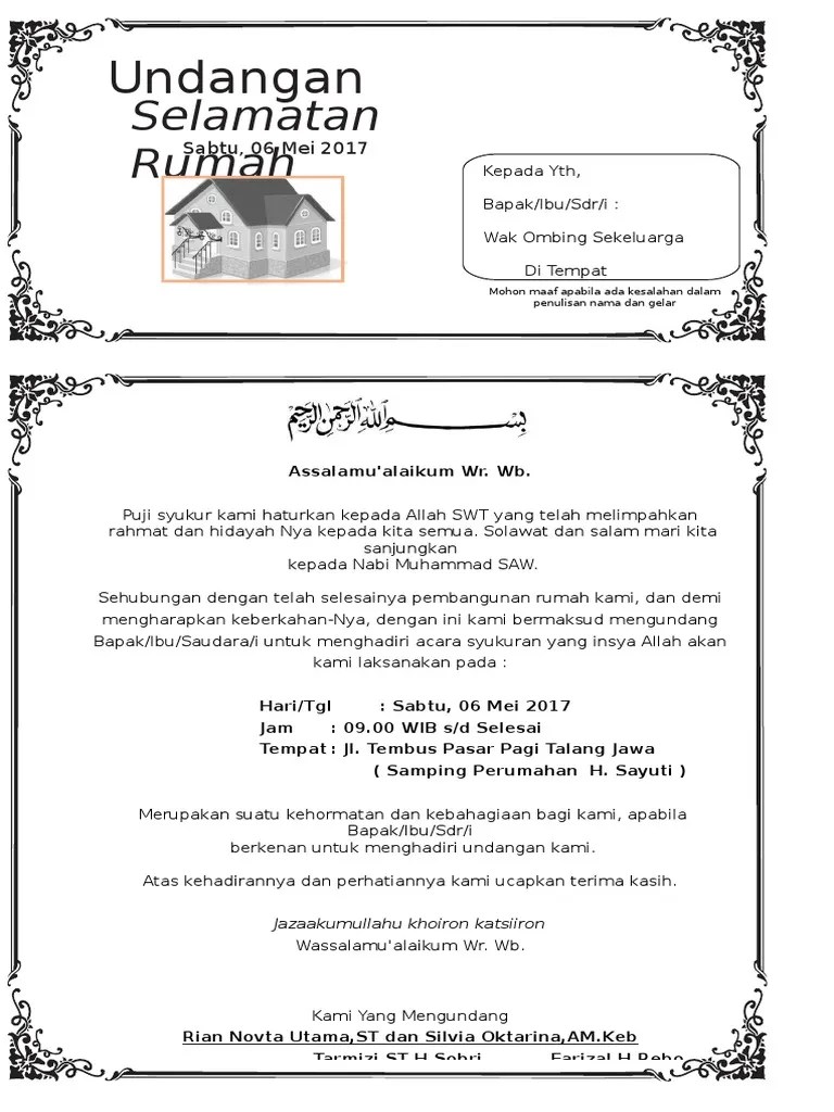Contoh Surat Undangan Syukuran Rumah Baru | PDF