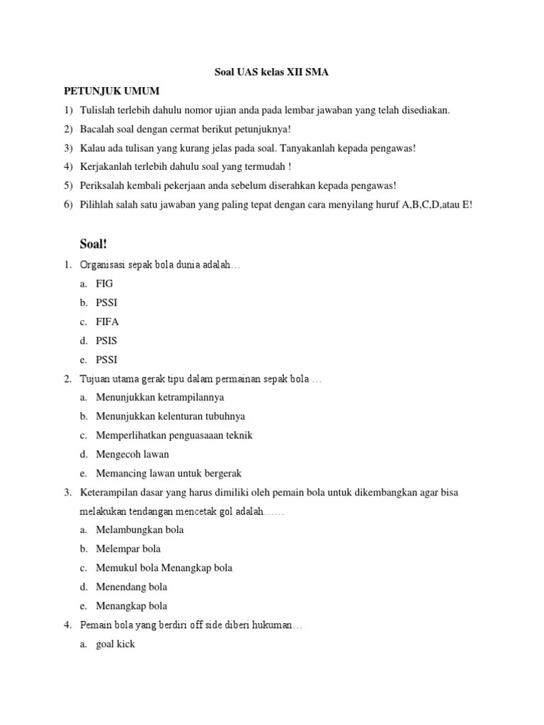 Soal Ujian Akhir Sekolah Penjasorkes Kelas XII | PDF