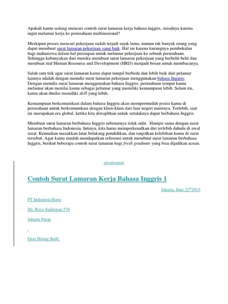 Surat Lamaran Kerja Bahasa Inggris Fresh Graduate