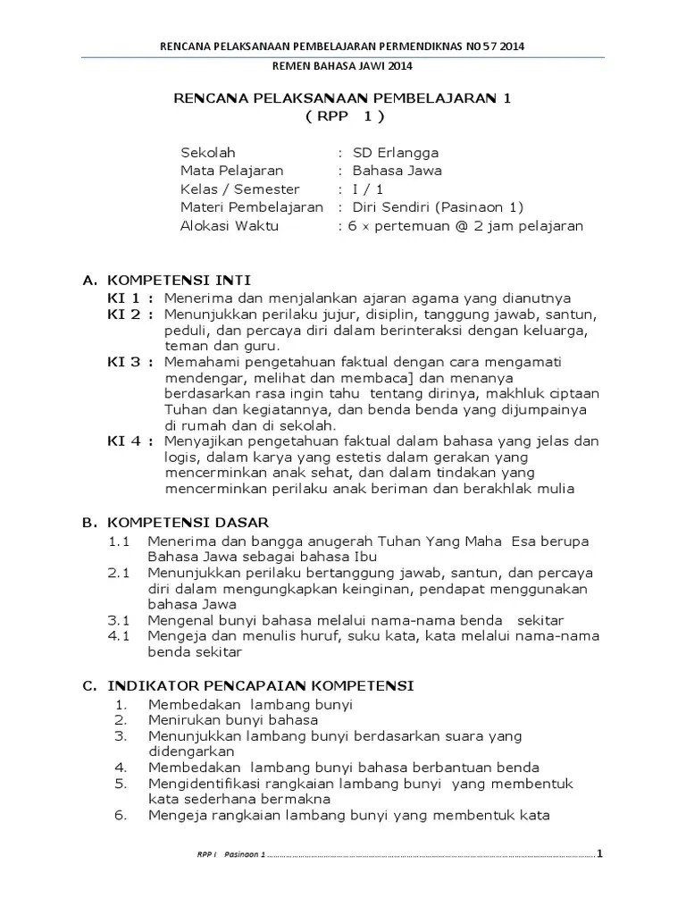 RPP Bahasa Jawa Kelas 1 Semester 1 Pasinaon 1 | PDF