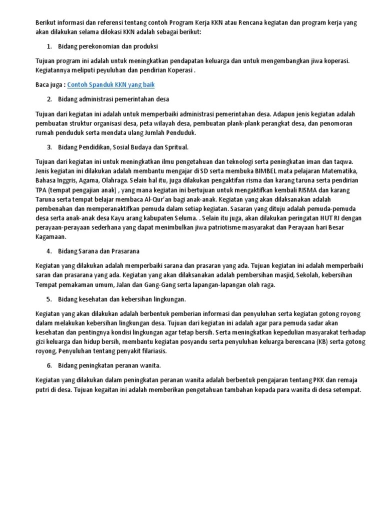 Berikut Informasi Dan Referensi Tentang Contoh Program Kerja KKN Atau  Rencana Kegiatan Dan Program Kerja Yang Akan Dilakukan Selama Dilokasi KKN  Adalah Sebagai Berikut | PDF