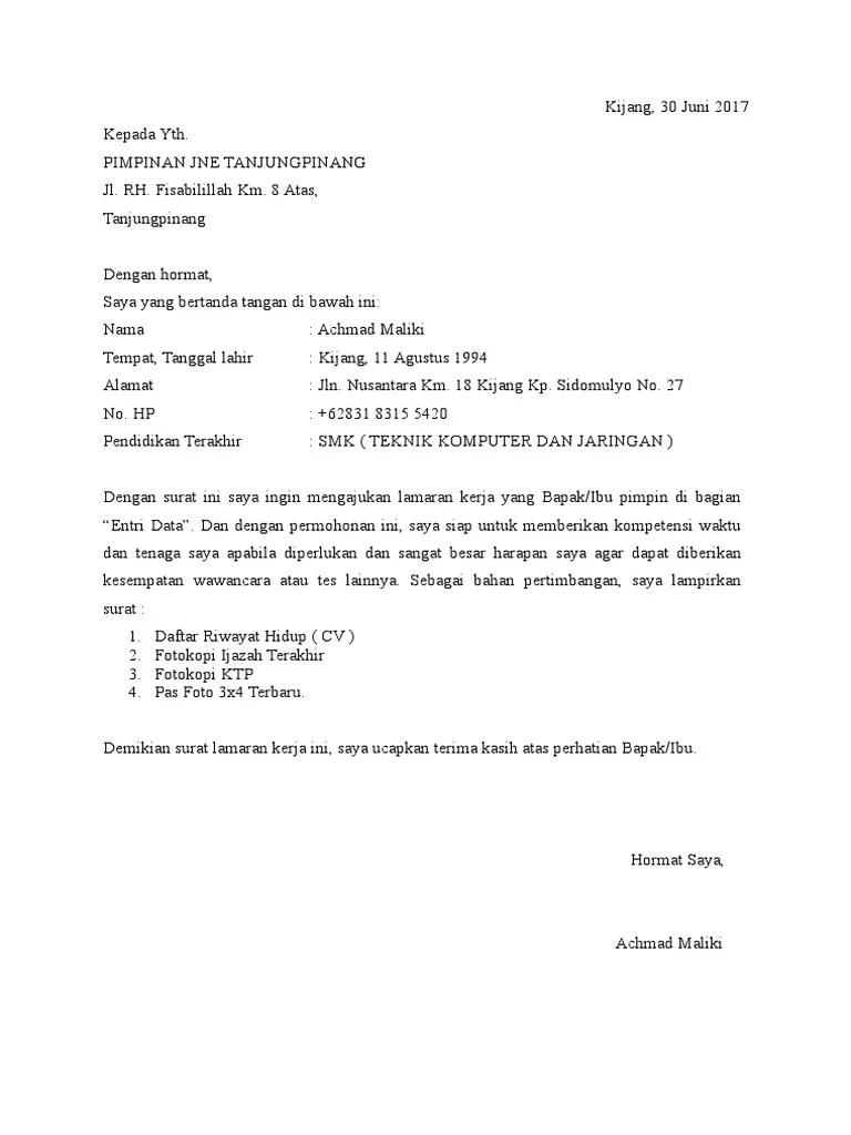 Surat Lamaran Kerja JNE | PDF
