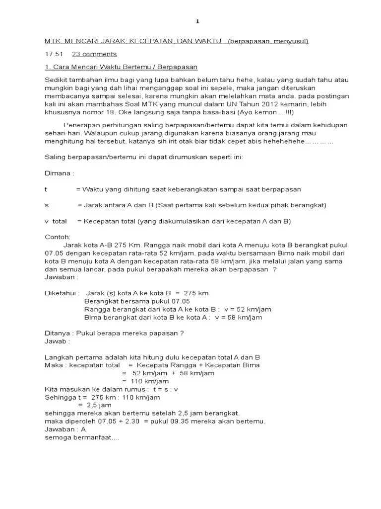 Hubungan JARAK-WAKTU Dan KECEPATAN Dalam Perjalanan | PDF