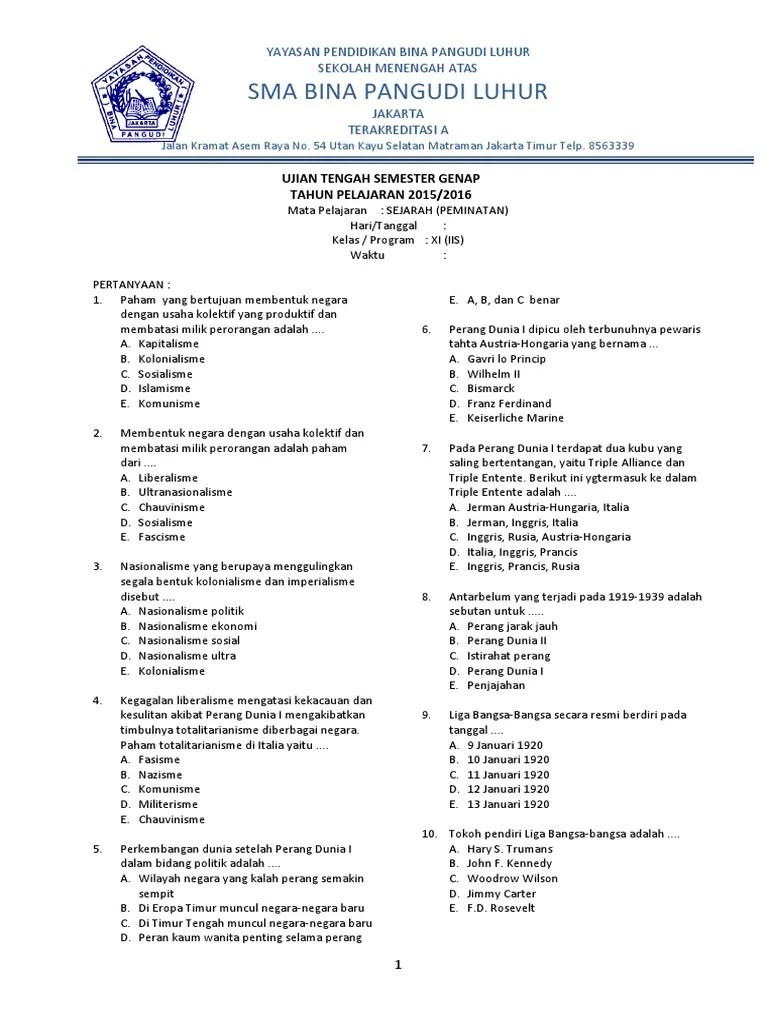 Soal Sejarah Indonesia Kelas 11 Semester 1 Bab 2