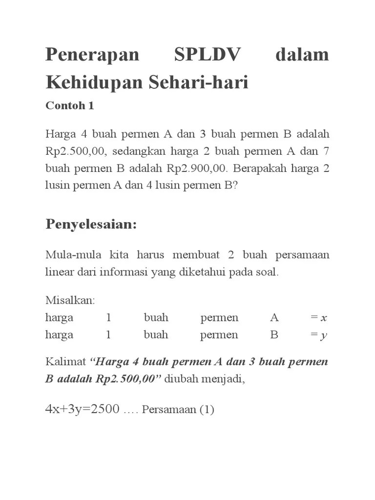 Penerapan SPLDV Dalam Kehidupan Sehari | PDF