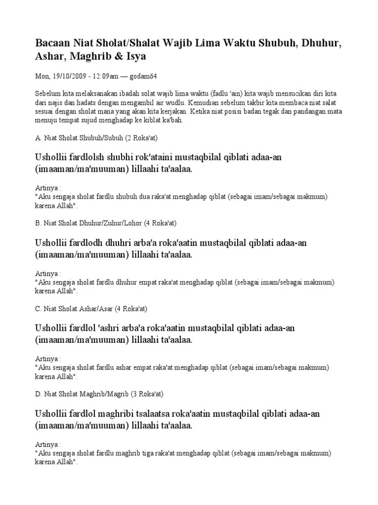 Bacaan Niat Sholat Dari Subuh Sampai Isya