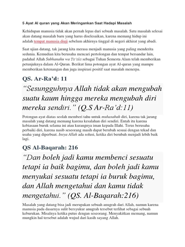 5 Ayat Al Quran Yang Akan Meringankan Saat Hadapi Masalah | PDF