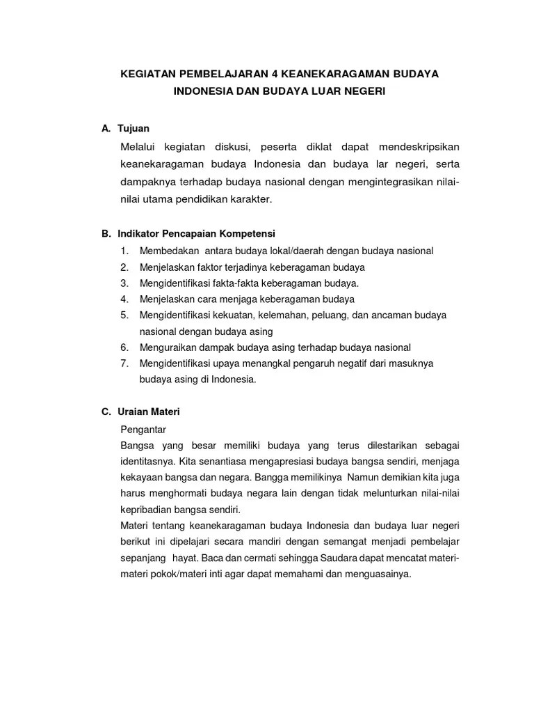 Kegiatan Pembelajaran 4 Keanekaragaman Budaya Indonesia Dan Budaya Luar  Negeri | PDF