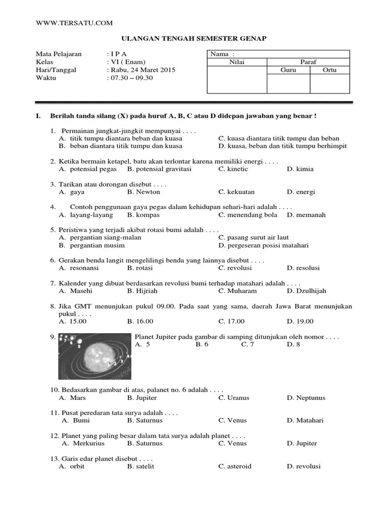 Contoh Soal Uts Ipa KTSP Kelas 6 Smster 2 Asli | PDF