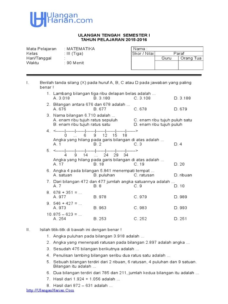 Soal UTS Matematika Kelas 3 SD Semester 1 | PDF
