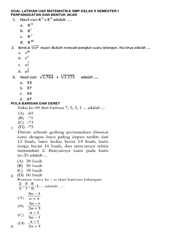 Soal Latihan Uas Matematika SMP Kelas 9 Semester I 20092017 | PDF