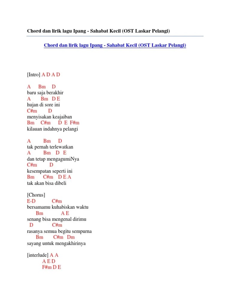 Chord Dan Lirik Lagu Ipang - Sahabat Kecil (OST Laskar Pelangi) | PDF