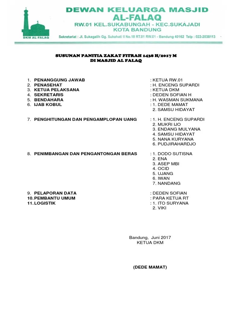Susunan Panitia Zakat Fitrah 1438 H | PDF