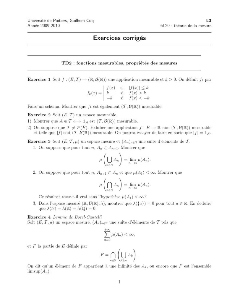 exercices corriges sur mesure et integration pdf