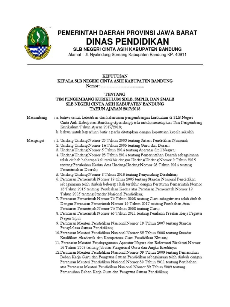 Contoh SK Tim Pengembang Kurikulum Sekolah Season 2 | PDF