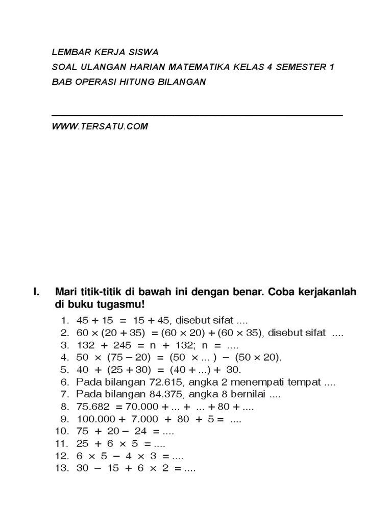 Soal Uh Matematika Kelas 4 Semester 1 Bab Operasi Hitung Bilangan Bulat |  PDF