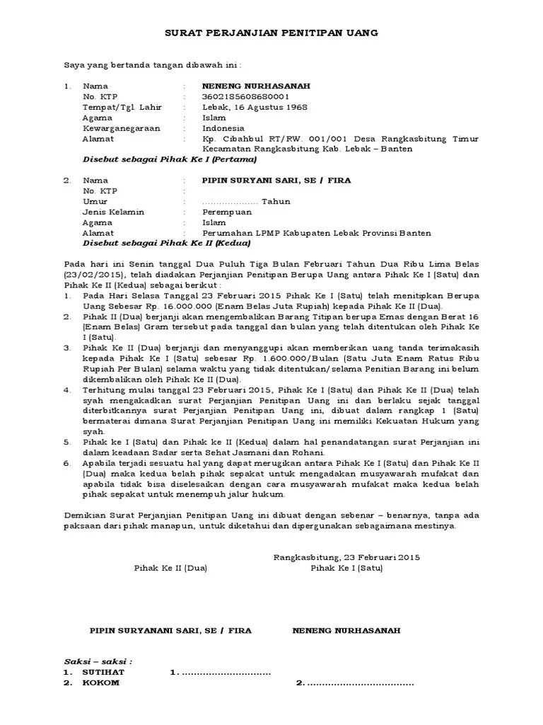 Contoh Surat Perjanjian Penitipan Uang - Contoh Resource