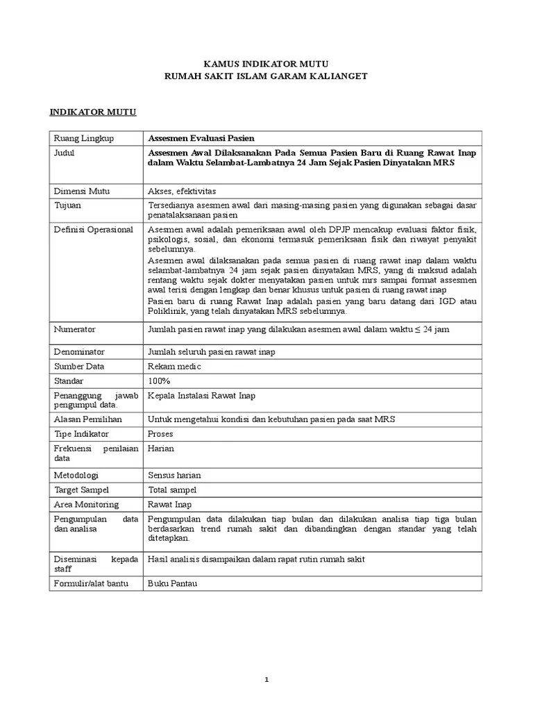 Kamus Indikator Mutu (Lampiran 2) (Standart PMKP.3) | PDF