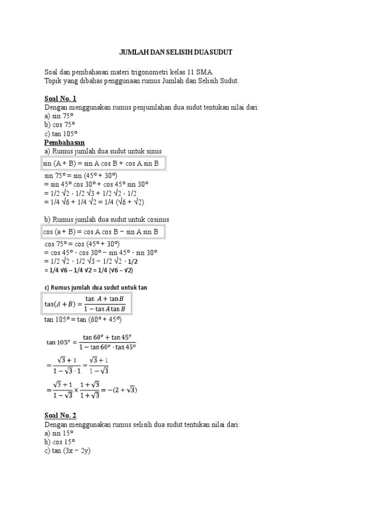 10 Soal Essay Jumlah Dan Selisih Sudut Sin Cos Tan - Revisi Id
