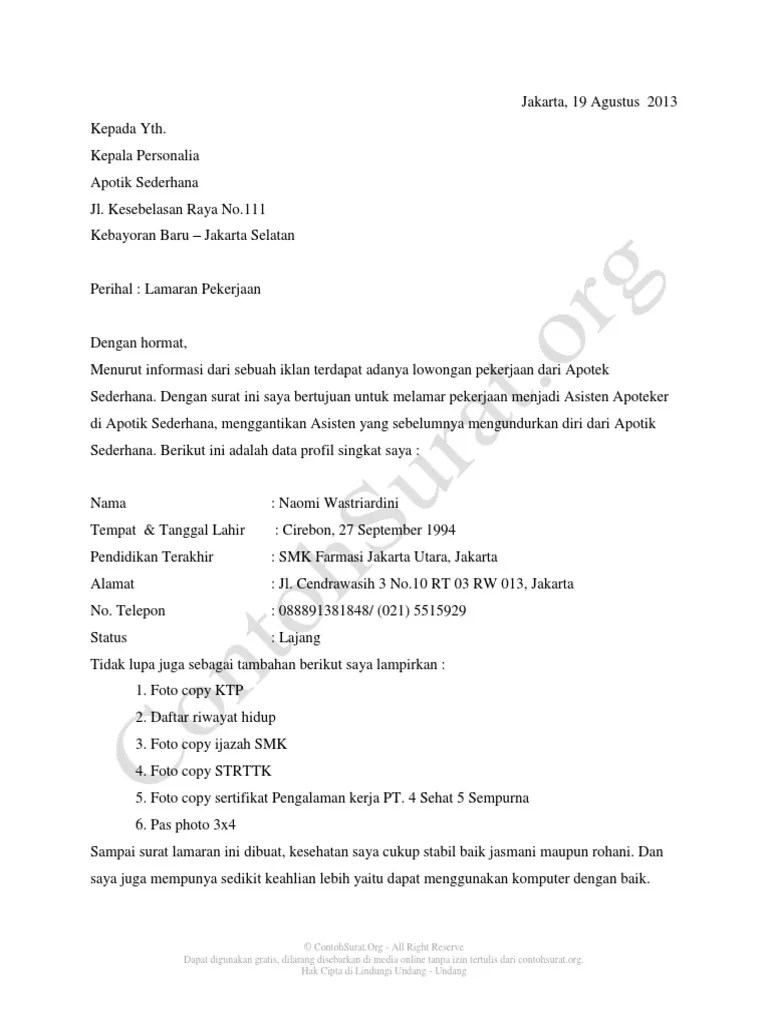 Contoh Surat Lamaran Kerja Farmasi Untuk Apotek | PDF