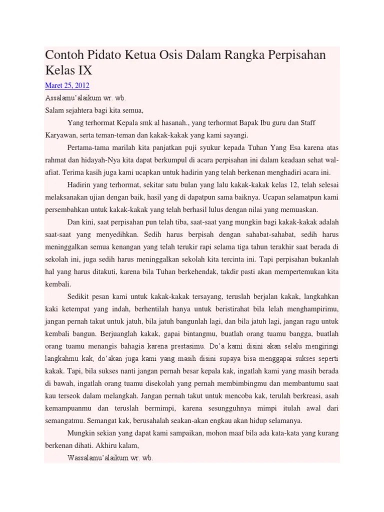 Contoh Pidato Ketua Osis Dalam Rangka Perpisahan Kelas IX | PDF