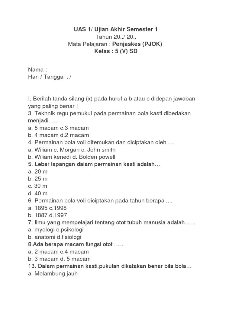 Soal Uas SD Pjok Kelas 5 Semester 1 | PDF