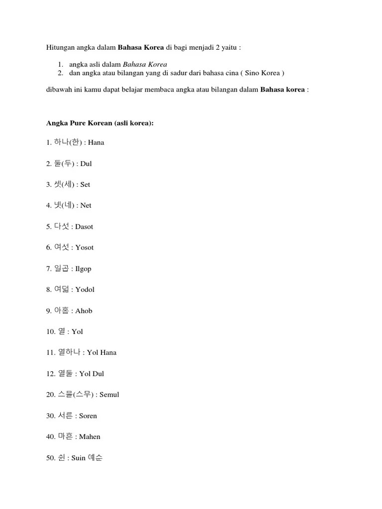 Hitungan Angka Dalam Bahasa Korea Di Bagi Menjadi 2 Yaitu | PDF