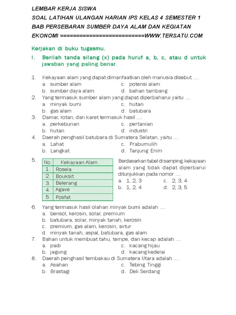 Soal Uh Ips Kelas 4 Semester 1 Bab Persebaran Sumber Daya Alam Dan Kegiatan  | PDF