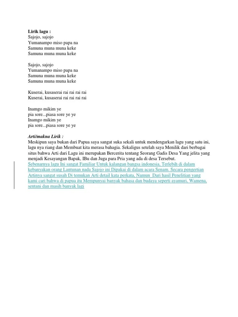 Lirik Lagu Sajojo Lagu Daerah Papua | PDF