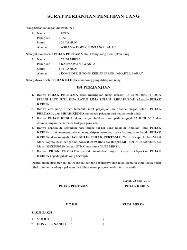 Contoh Surat Perjanjian Penitipan Uang Yg Bisa Dipidanakan – Python