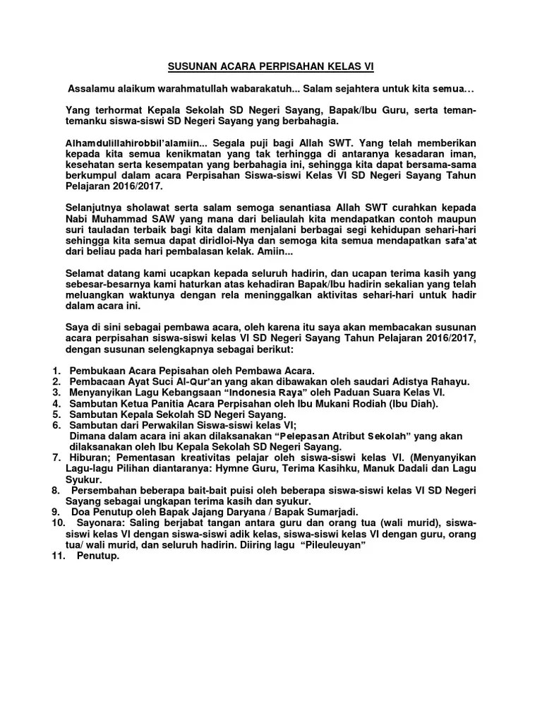 Contoh Susunan Acara Perpisahan Kelas 6 Sd – Berbagai Contoh