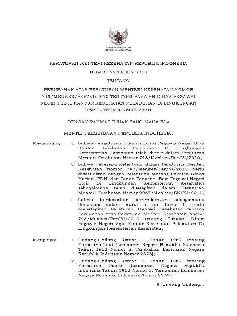 PMK No 77 TTG Perubahan Permenkes Pakaian Dinas KKP | PDF