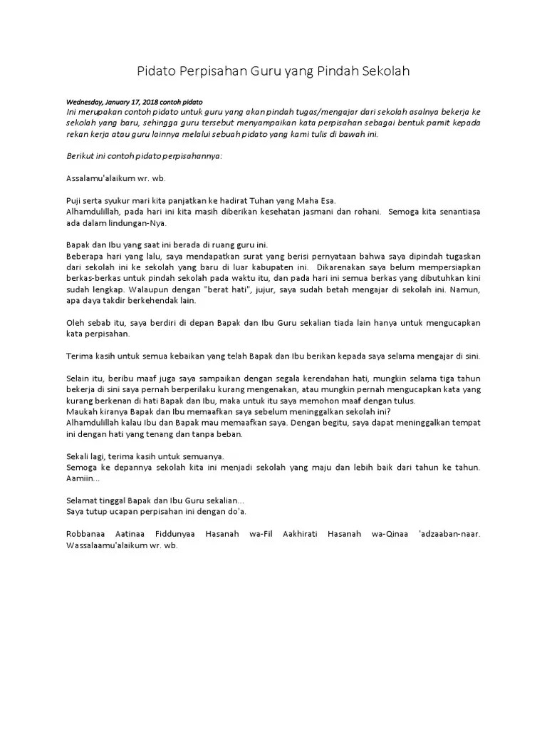 Contoh Pidato Perpisahan Guru Pindah Tugas