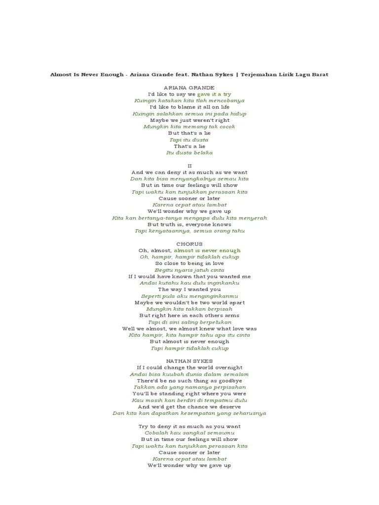 Lirik Lagu Almost Is Never Enough Terjemahan